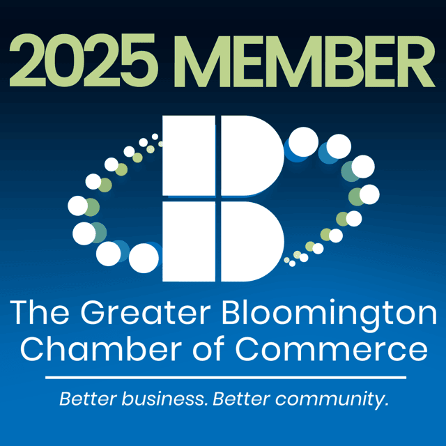 2025 Member badge for the Greater Bloomington Chamber of Commerce, featuring the Chamber's logo, a stylized 'B' with circular accents, and the text 'Better business. Better community.' below.