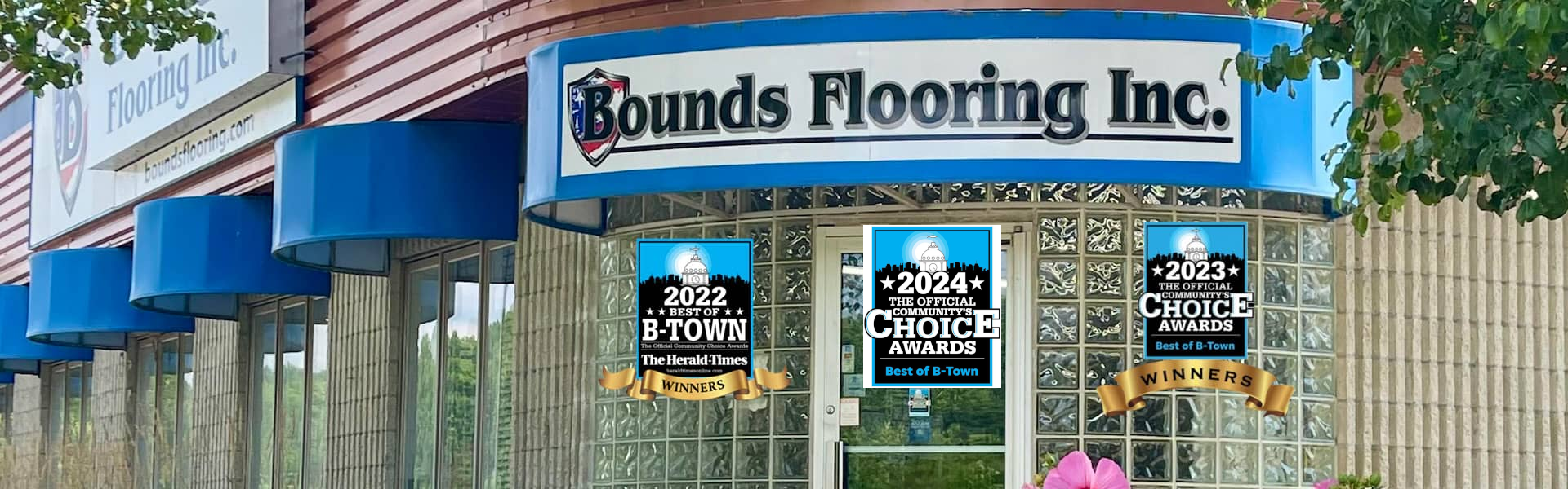 Main entrance to Bounds Flooring storefront featuring Best of B-Town Awards 2022-2024